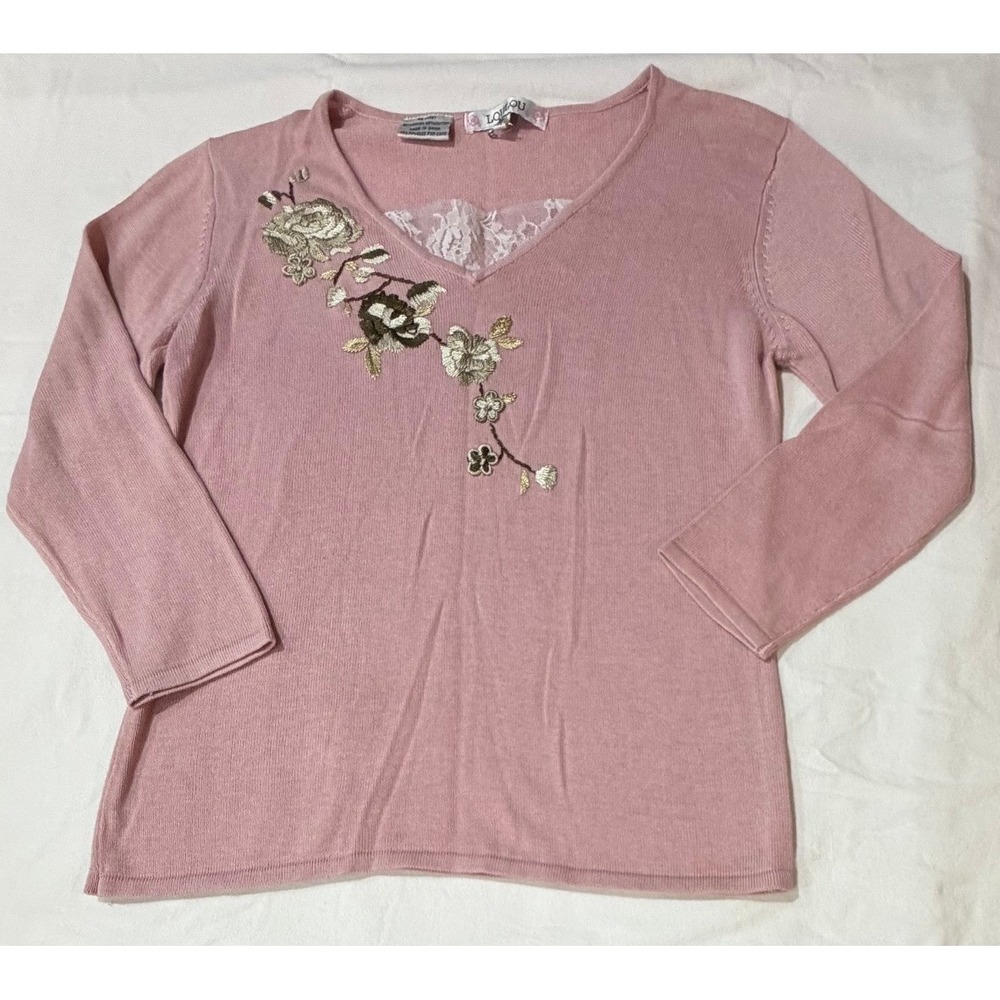 Loulou Pink Floral Embroidered Lace V-Neck Knit‎ Sweater Top Womens Medium